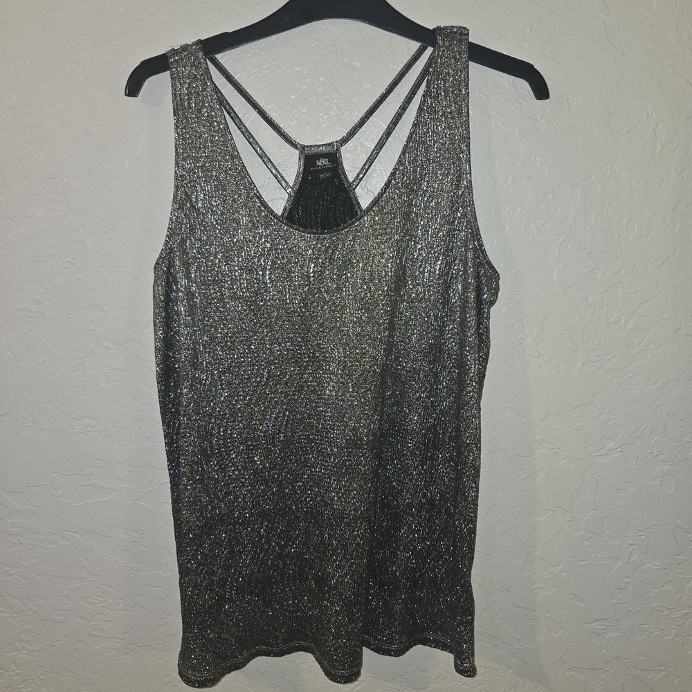 Rock & Republic Metallic Silver Shimmer Black Racerback Tank Top Small Strappy - Picture 4 of 7